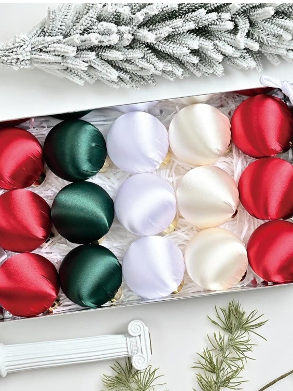 Satin Christmas Ornament Set in Red, Green, White, and Cream. 15 Piece Set. NWT.